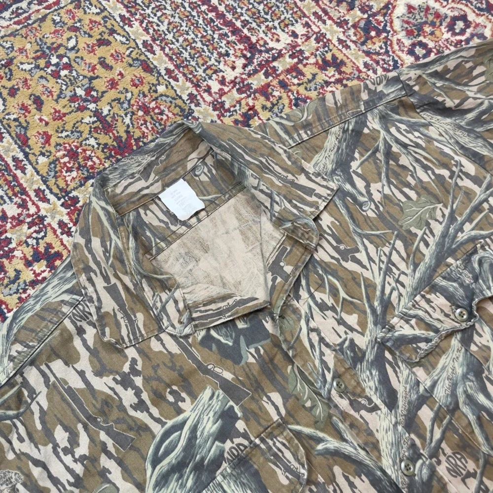 VTG 80s 90s NRA Gun Bark Camouflage Short Sleeve Button Up Shirt XL USA Hunting - Picture 2 of 9